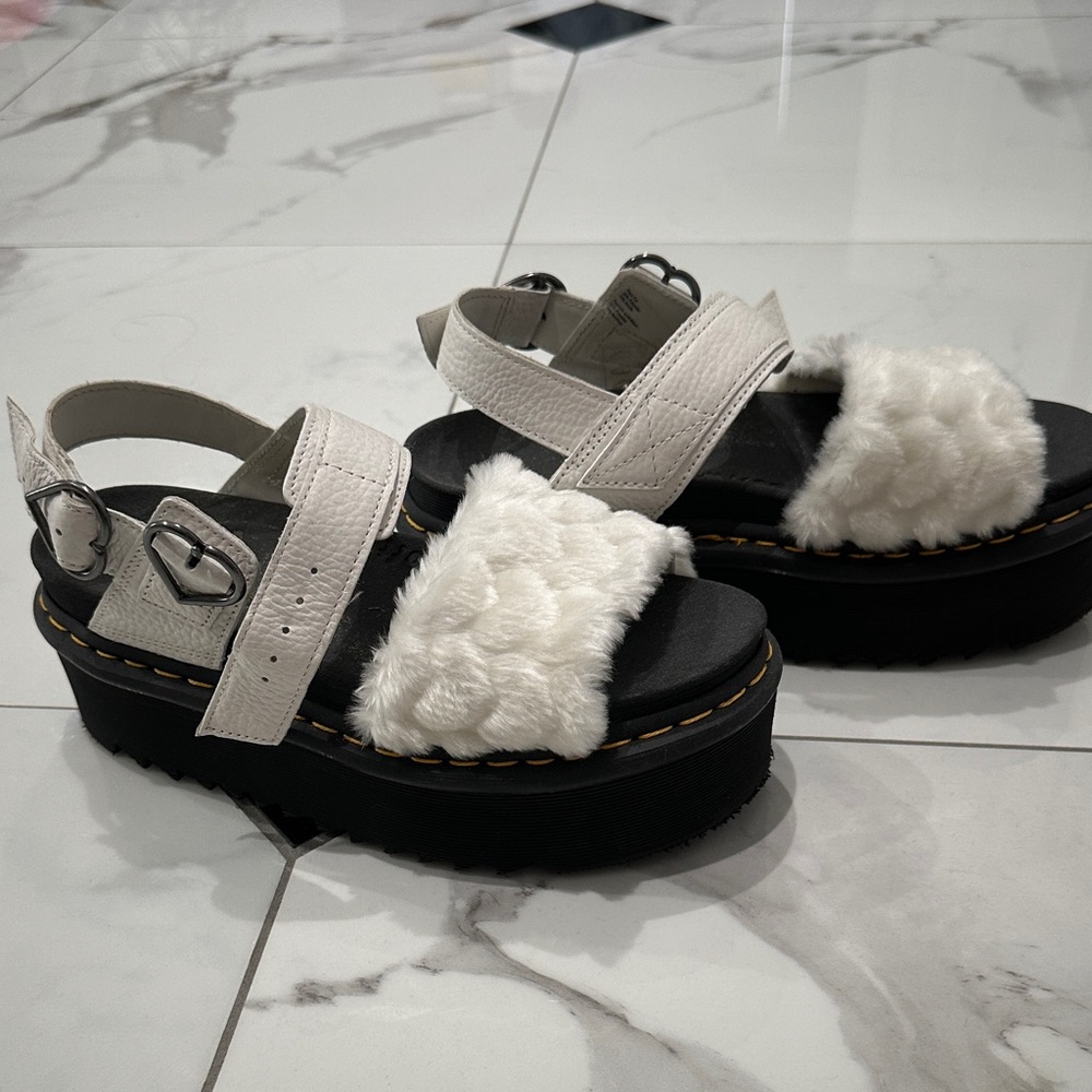 Dr. Martens White Fur Platform Sandals